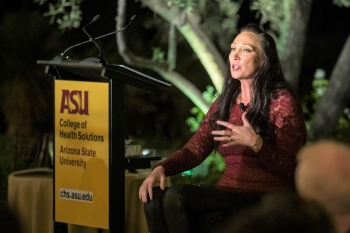 Amy Van Dyken-Rouen speaking to an audience at the ASU College of Health Solutions Celebration of Health event.
