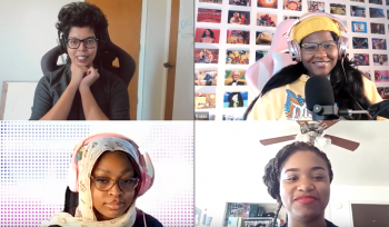A screenshot of a zoom panel with four feminine-presenting Black individuals.