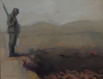 Painting of a man wearing a military uniform and helment and holding a gun as he looks into a dark pit.