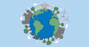 A graphic image of a green earth with the White House and sustainable energy and buildings. 