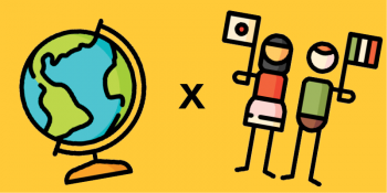 Illustration of a globe and two people holding different country's flags.