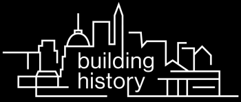 Black-and-white illustration of the outlines of buildings with the words "building history."