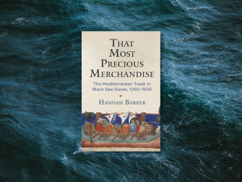 "That Most Precious Merchandise" book cover, with ocean waves in the background.