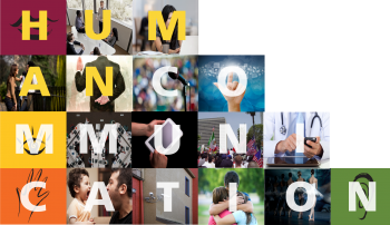 Collage of photos of various people over which the letters that spell out "communication" are superimposed.