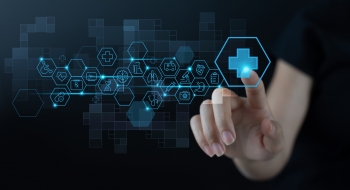 Graphical illustration of healthcare data, represented by various digital icons.  A human hand reaches towards one of the icons to select it.