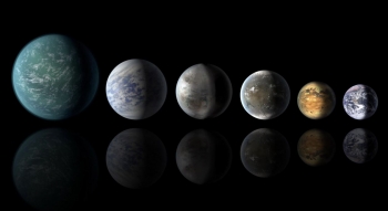 Artist's conception of a planetary lineup showing habitable-zone exoplanets with similarities to Earth, featured on the far right.