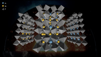 Graphic illustration of a mixture of gray, pyramid-like structures and blue and yellow spheres, representing minerals found in Earth's lower mantle.