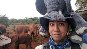 ASU applied physics major Paul Horton at elephant orphanage in Nairobi