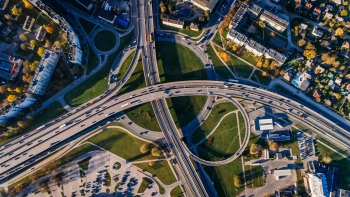 Aerial photo of highway interchange.