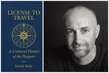 Cover of the book "License to Travel" next to a black-and-white portrait of ASU Professor Patrick Bixby.