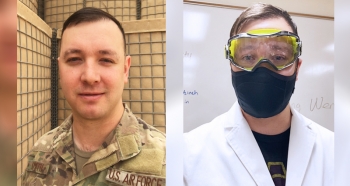 Side-by-side portraits of Cory Smith, ASU School of Molecular Sciences biochemistry student. In the left photo, Smith wears military fatigues. In the right photo, Smith wears a lab coat, safety goggles and a face covering.