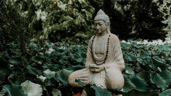 Photo of a Buddha statue alone on leaves in a wooded area.