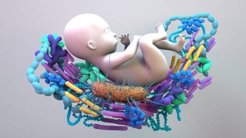 Illustration of a preterm infant surrounded by a depiction of gut microbes.