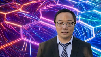 Man wearing a suit photoshopped over an abstract background.