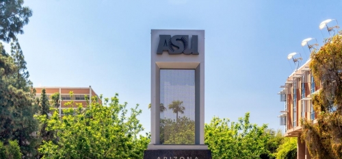 A picture of large structure featuring the words "Arizona State University" on ASU's Tempe campus.