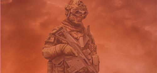 Photo illustration of a soldier in a war zone, surrounded by reddish-orange fog.