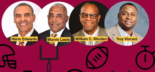 Collage of portraits of Herm Edwards, Marvin Lewis, William C Rhoden and Troy Vincent.