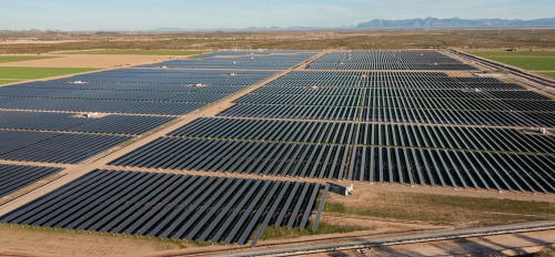 Overhead image of SRP’s 45 megawatt Sandstone Solar Facility in Florence, Arizona.