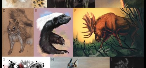 Illustrated images of a jaguar, warthog, moose and more. 