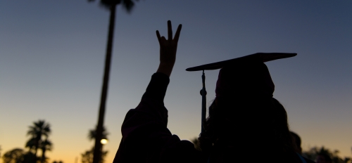 silhouette of student in cap and gown making a pitchfork sign with palm tree behind them
