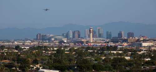 Skyline of the city of Phoenix, Arizona, with Phoenix Sky Harbor International Airport in the foreground.