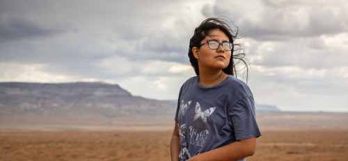 A young Native American woman looks off to the right with a desert landscape stretching behind her of scrub brush leading to mountains in the distance