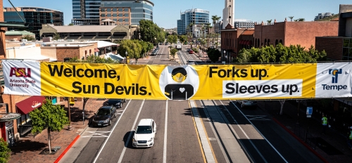 Forks up Sleeves up banner on Mill Avenue