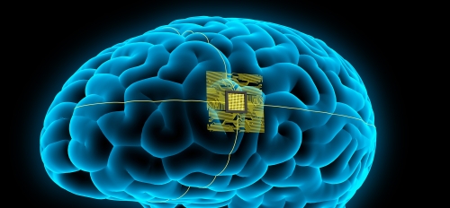 Graphic illustration of a brain with a chip in it.