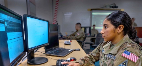 Woman wearing military fatigues seated at a computer typing.