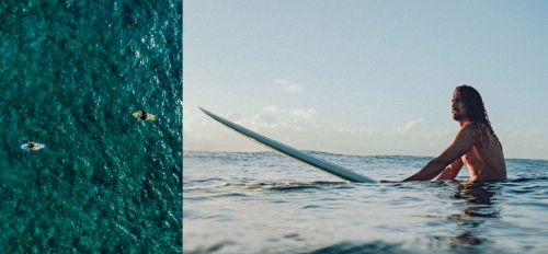 Photo collage with image looking down at surf boarders on the ocean and an image looking straight on at a surf boarder in the ocean