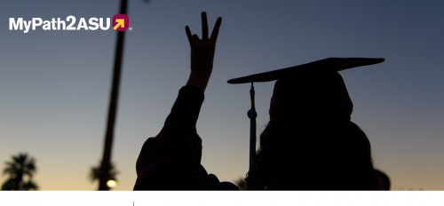 Silhouette of grad making the forks up sign against a setting-sun sky.
