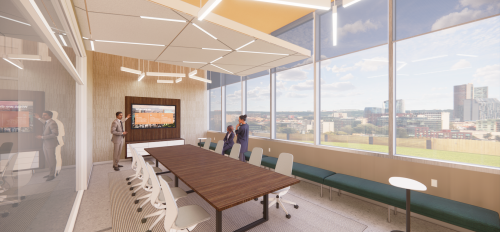 Digital rendering of a boardroom with a long table and a screen on one wall. A view of downtown Phoenix can be seen out the window.