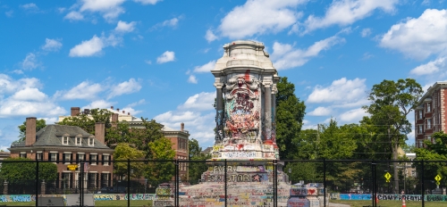 Base of the Robert E. Lee monument in Richmond, Virginia, after his statue was removed from the top. The base is covered in graffiti from racial protests.