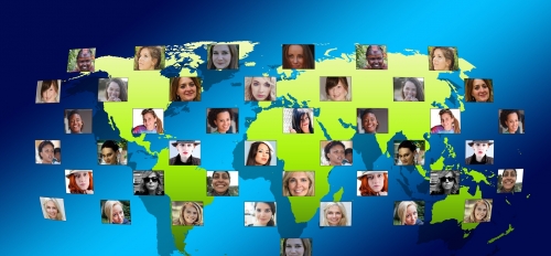 map of world with photos of women's faces scattered across it