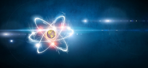 An atom with the earth at the center — visualizing the potential of quantum technology.