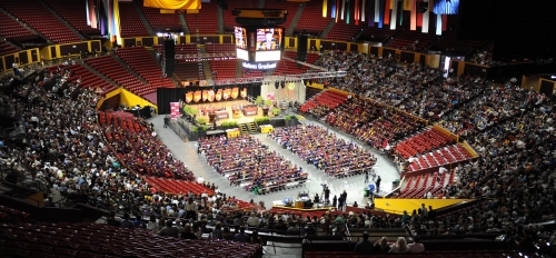 View from the upper concourse of Desert Financial Arena looking down at the Barrett Honors College convocation.