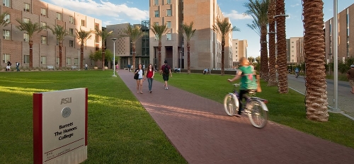 Exterior of Barrett Honors College dorms and courtyard on ASU's Tempe campus.