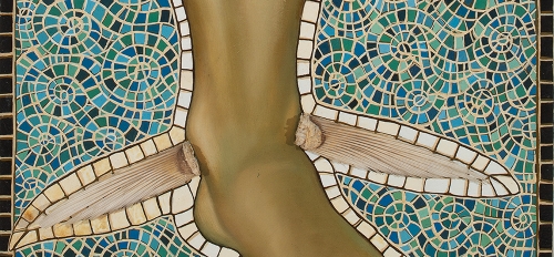 Jacqueline Brito Jorge, Adaptaciones (pies), 1996. Acrylic on canvas with shells and fish fins. 