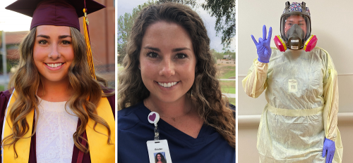 A series of photos showing Brooke LaVelle in her cap and gown, nursing scrubs and more recently in full personal protective equipment