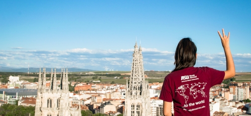 ASU student holds up a pitchfork on her study abroad in Spain.