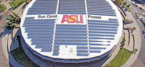 Solar panels atop Wells Fargo Arena.
