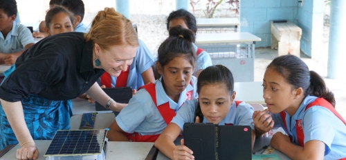 Laura Hosman works with kids and SolarSPELL in Samoa 