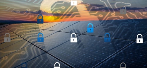 Locks and a translucent computer chip are superimposed on a background of solar panels