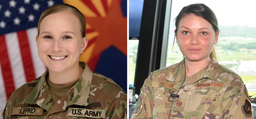 ASU students Courtney Lefko, left, and Heather Greene, right, pose in their military uniforms.