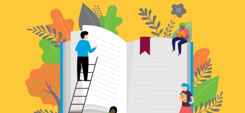 Illustration of a person climbing a ladder leaned against a very large book. Another person sits atop the book while other people are seated and standing at the bottom of it.