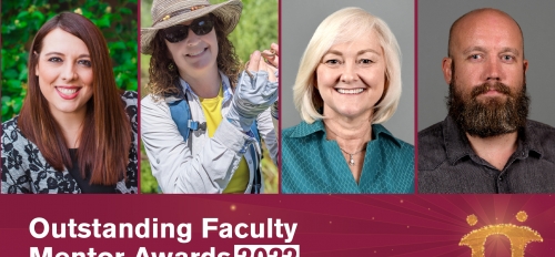 Collage of portraits of four ASU faculty members who are recipients of the Graduate College Outstanding Faculty Mentor Award. 
