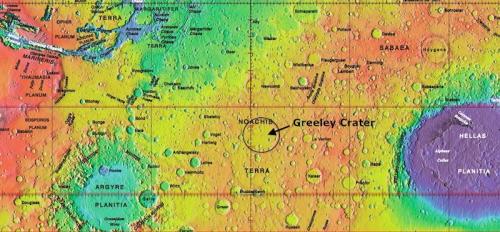 Greeley Crater's location on Mars