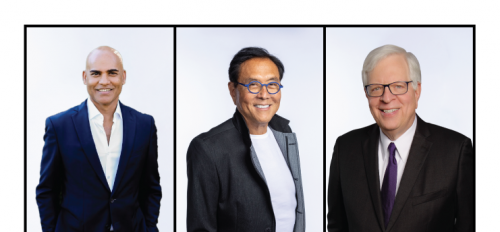 Collage of portraits of Radha Gopalan, Robert Kiyosaki and Dennis Prager, featured speakers at the Health, Wealth & Happiness event presented by the T.W. Lewis Center for Personal Development at ASU.