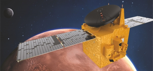 artist’s impression of the United Arab Emirates’ Hope spacecraft in orbit around Mars