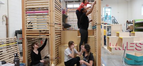 Students work on the Inter Play installation at The Design School at ASU. 